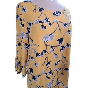 Clara Sun Woo Womens Tunic Sz M Yellow Floral Tie Sleeve Side Slit Wrinkle Free